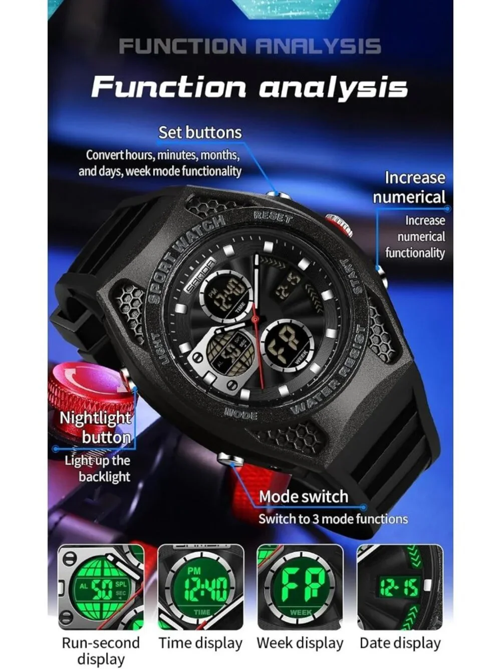 Mens Black Analog Quartz Electronic Military Multifunction LED Digital Watch